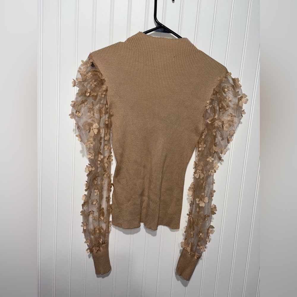 Almost Famous Tan Sweater with Floral Sheer Sleeves| Size Large - Picture 5 of 5